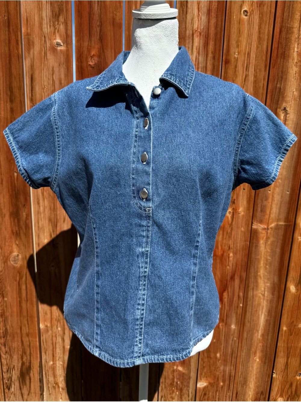 Denim Button-Front Short Sleeve Top - Blue